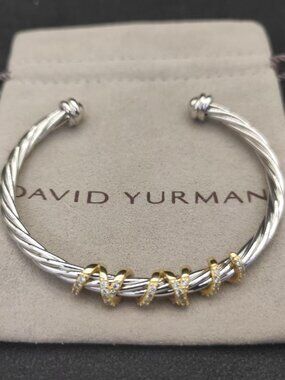 David Yurman Sterling Silver Cable Cuff w/ Diamonds & Gold